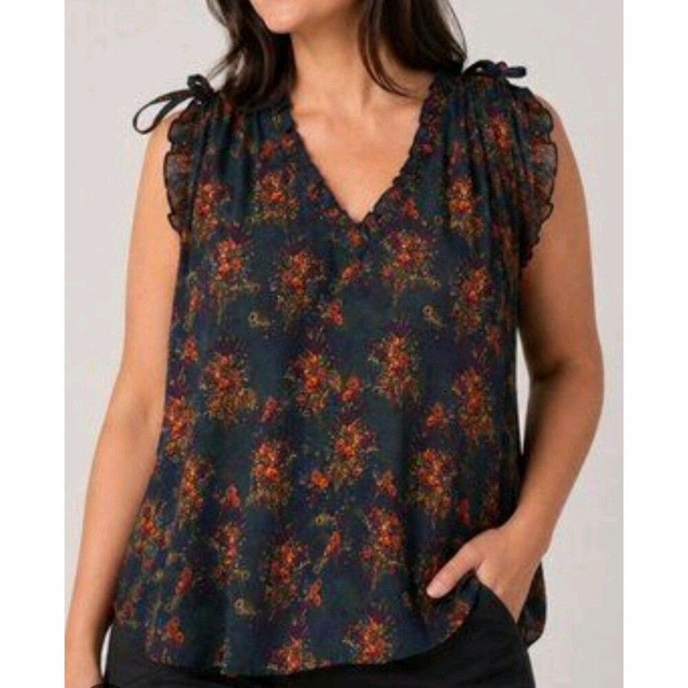 Natural Life Top Boho Blouse Floral Cottagecore Peasant Tie Ruffle Sleeve Sz L